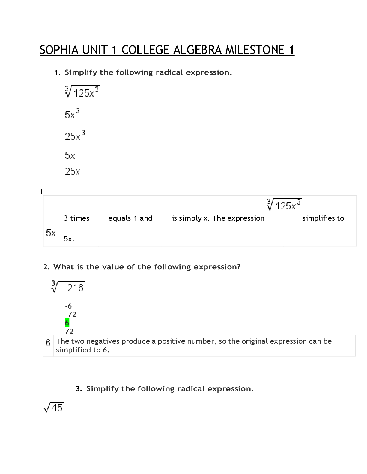 Preview image for Sophia Milestone 1 College Algebra with Correct answers